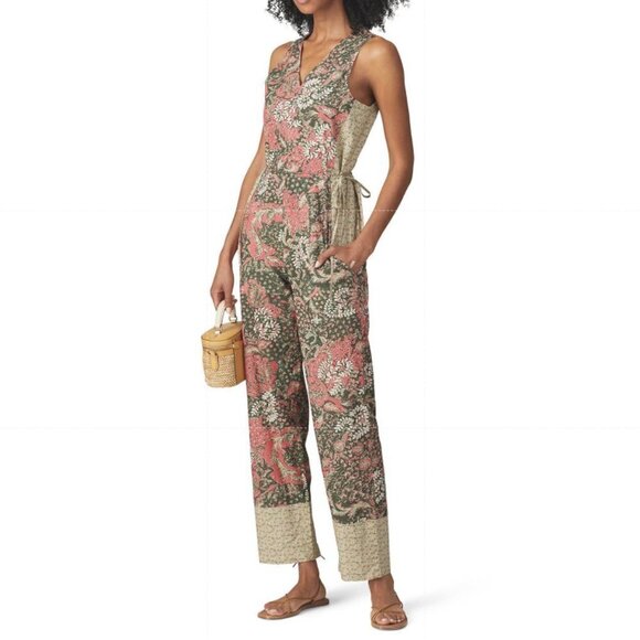 Warm Floral Pink and Green Sleeveless V-Neck Printed Cotton Jumpsuit Size 0 - Picture 1 of 7
